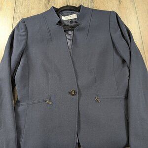 Tahari Blazer Jacket Womens 10 Blue Long Sleeve Zip Pockets Preppy Office